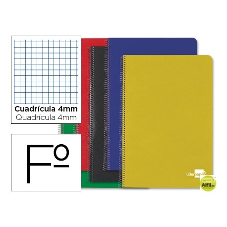 BLOC ESPIRAL LIDERPAPEL FOLIO TAPA DURA 80H 60G CUADRO 4MM CON MARGEN. COLORES SURTIDOS