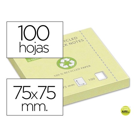 BLOC DE NOTAS ADHESIVAS QUITA Y PON Q-CONNECT 75X75 MM PAPEL RECICLADO AMARILLO