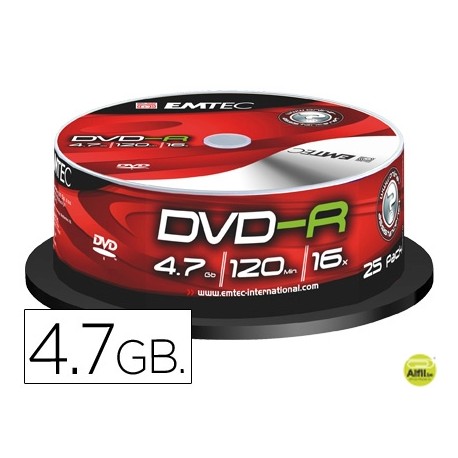 DVD-R EMTEC CAPACIDAD 4,7GB VELOCIDAD 16X BOTE 25 UNIDADES