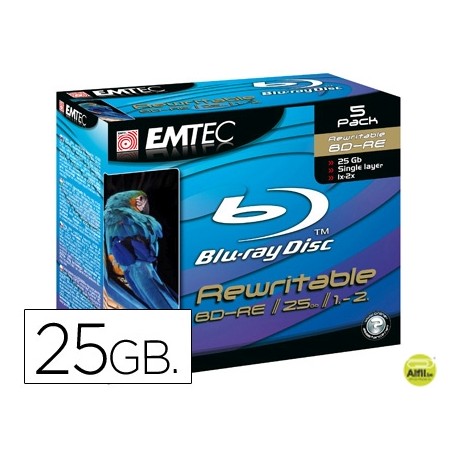 DVD BD-RE EMTEC CAPACIDAD 25GB VELOCIDAD 2X BLUE RAY REGRABABLE CAJA -5 UNIDADES-