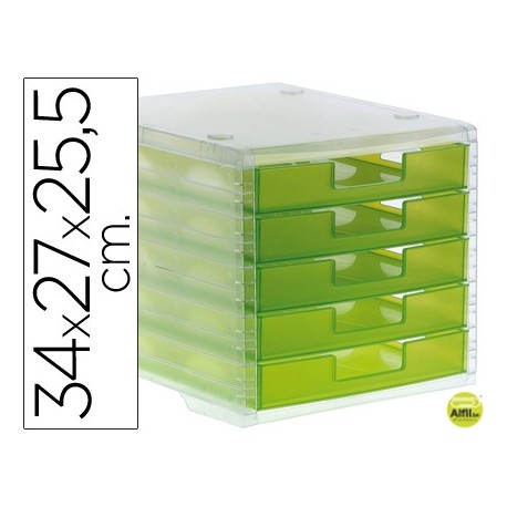 FICHERO CAJONES DE SOBREMESA LIDERPAPEL 340X270X255 MM APILABLES 5 CAJONES VERDE KIWI TRANSLUCIDO
