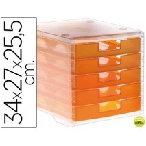 FICHERO CAJONES DE SOBREMESA LIDERPAPEL 340X270X255 MM APILABLES 5 CAJONES NARANJA MANDARINA TRANSLU