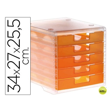 FICHERO CAJONES DE SOBREMESA LIDERPAPEL 340X270X255 MM APILABLES 5 CAJONES NARANJA MANDARINA TRANSLU