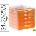 FICHERO CAJONES DE SOBREMESA LIDERPAPEL 340X270X255 MM APILABLES 5 CAJONES NARANJA MANDARINA TRANSLU