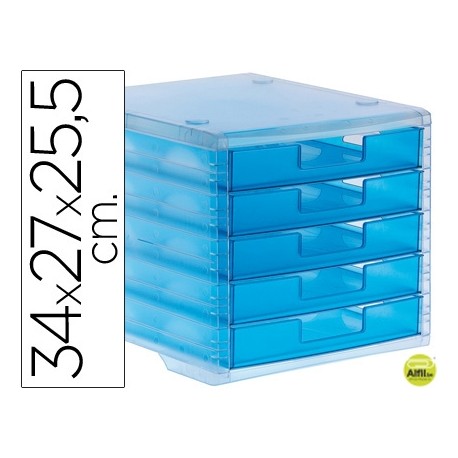 FICHERO CAJONES DE SOBREMESA LIDERPAPEL 340X270X255 MM APILABLES 5 CAJONES AZUL MAR TRANSLUCIDO