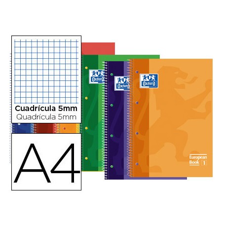 BLOC ESPIRAL OXFORD TAPA EXTRADURA MICROPERFORADO DIN A4 80 HOJAS CUADROS 5MM COLORES SURTIDOS