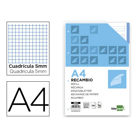 RECAMBIO LIDERPAPEL A4 120 HOJAS 70G/M2 CUADRO 5MM SIN MARGEN 4 TALADROS BANDAS DE 5 COLORES