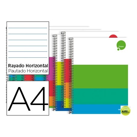 BLOC ESPIRAL LIDERPAPEL A4 DREAM TAPA EXTRADURA 140 H 80G HORIZONTAL 5 BANDAS 4 TALADROS MICRO COLOR