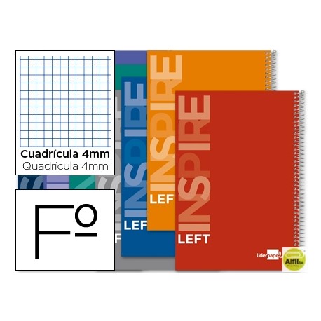 BLOC ESPIRAL LIDERPAPEL FOLIO INSPIRE TAPA EXTRADURA 80H 60G CUADRO 4MM CON MARGEN. PARA ZURDOS. COL