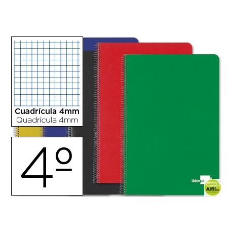 BLOC ESPIRAL LIDERPAPEL CUARTO TAPA DURA 80H 60G CUADRO 4MM CON MARGEN. COLORES SURTIDOS