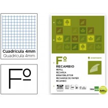RECAMBIO LIDERPAPEL FOLIO 100 HOJAS 80G/M2 CUADRO 4MM CON MARGEN 4 TALADROS ECOEFICIENTE FSC MIX CRE