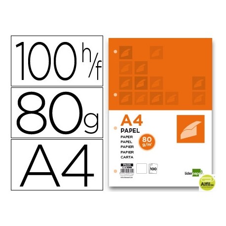 PAPEL LIDERPAPEL A4 80G/M2 PAQUETE DE 100 4 TALADROS BLANCO