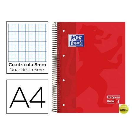 BLOC ESPIRAL OXFORD TAPA EXTRADURA MICROPERFORADO DIN A4 80 HOJAS CUADROS 5MM -COLOR ROJO