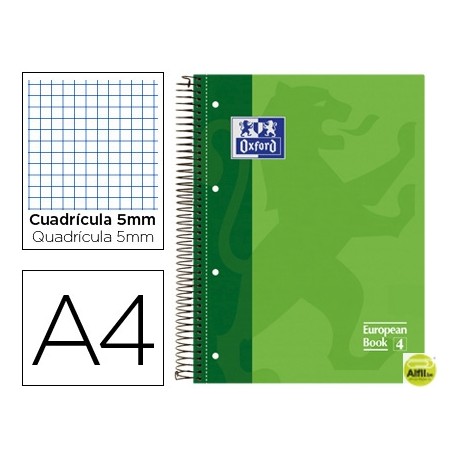 BLOC ESPIRAL OXFORD TAPA EXTRADURA MICROPERFORADO DIN A4 80 HOJAS CUADROS 5MM -COLOR VERDE