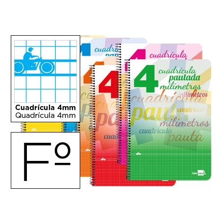 BLOC ESPIRAL LIDERPAPEL FOLIO WRITE TAPA CARTONCILLO 80H 70G CUADRICULADO PAUTADO 4MM. COLORES SURTI