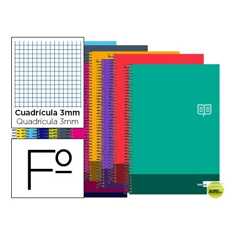 BLOC ESPIRAL LIDERPAPEL FOLIO DISCOVER TAPA CARTONCILLO 80 H80G CUADRO 3 MM CON MARGEN COLORES SURTI