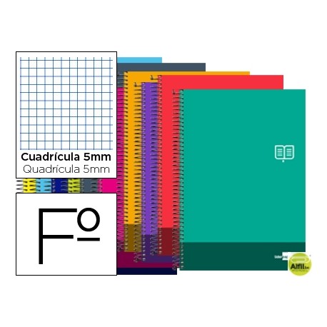 BLOC ESPIRAL LIDERPAPEL FOLIO DISCOVER TAPA CARTONCILLO 80 H80G CUADRO 5 MM CON MARGEN COLORES SURTI