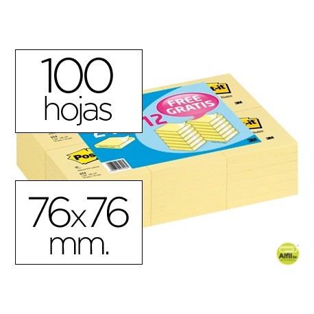 BLOC DE NOTAS ADHESIVAS QUITA Y PON POST-IT 76X76MM -PACK PROMOCIONAL 24+12