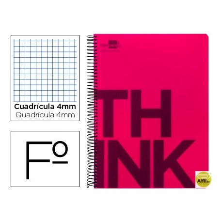 BLOC ESPIRAL LIDERPAPEL FOLIO THINK TAPA POLIPROPILENO 80 H 80G CUADRO 4 MM CON MARGEN COLOR ROJO