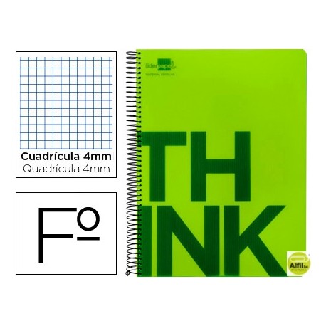 BLOC ESPIRAL LIDERPAPEL FOLIO THINK TAPA POLIPROPILENO 80 H 80G CUADRO 4 MM CON MARGEN COLOR VERDE