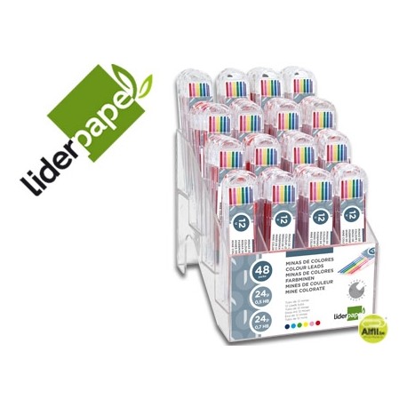MINAS LIDERPAPEL COLORES EXPOSITOR DE 48 TUBOS 24 TUBOS DE 12 MINAS DE 0,5MM Y 24 TUBOS DE 12 MINAS