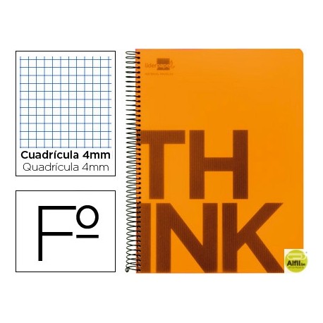 BLOC ESPIRAL LIDERPAPEL FOLIO THINK TAPA POLIPROPILENO 80 H 80G CUADRO 4 MM CON MARGEN COLOR NARANJA
