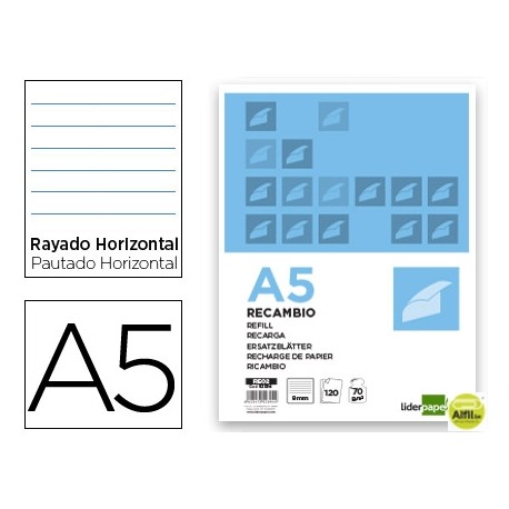 RECAMBIO LIDERPAPEL A5 120 HOJAS 70G/M2 HORIZONTAL SIN MARGEN 6 TALADROS BANDAS DE 5 COLORES