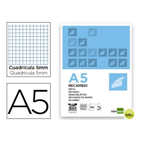 RECAMBIO LIDERPAPEL A5 120 HOJAS 70G/M2 CUADRO 5MM SIN MARGEN 6 TALADROS BANDAS DE 5 COLORES