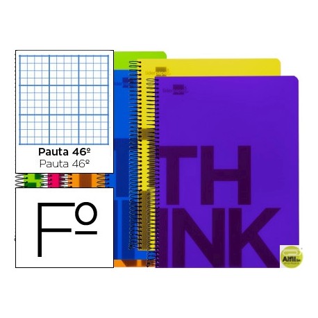 BLOC ESPIRAL LIDERPAPEL FOLIO THINK TAPA POLIPROPILENO 80 H 80G PAUTA RAYADO N§ 46 6 COLORES SURTIDO