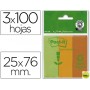 BLOC NOTA ADHESIVAS QUITA Y PON RECICLADAS POST-IT 25X76MMVERDE-NARANJA-MANDARINA