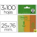 BLOC NOTA ADHESIVAS QUITA Y PON RECICLADAS POST-IT 25X76MMVERDE-NARANJA-MANDARINA