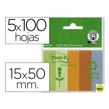 BLOC NOTA ADHESIVAS QUITA Y PON RECICLADAS POST-IT 15X50MMVERDE-NARANJA-MANDARINA-AZUL