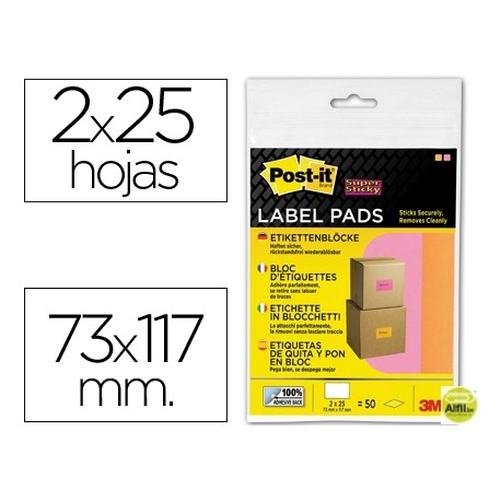 ETIQUETA ADHESIVA POST-IT SUPER STICKY REMOVIBLE PACK DE 1 BLOC ROSA Y 1 NARANJA 73X117 MM