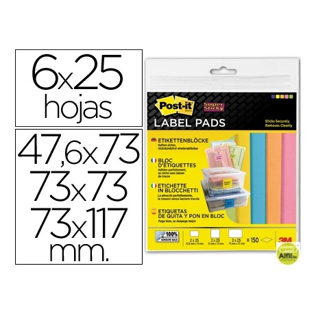 ETIQUETA ADHESIVA POST-IT SUPER STICKY REMOVIBLE PACK SURTIDO 2 BLOC 47,6X73MM 2 BLOC 73X73MM Y 2 BL