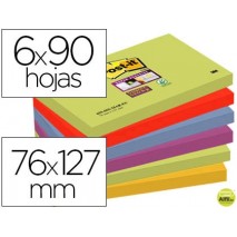 BLOC DE NOTAS ADHESIVAS QUITA Y PON POST-IT SUPER STICKY 76X127 MM CON 90 HOJAS PACK DE 6 BLOC COLOR