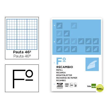 RECAMBIO LIDERPAPEL FOLIO 100 HOJAS 60G/M2RAYADO NÌ46 4 TALADROS