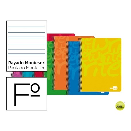 BLOC ESPIRAL LIDERPAPEL FOLIO WRITE TAPA CARTONCILLO 80H 60G RAYADO MONTESSORI CON MARGEN. COLORES S