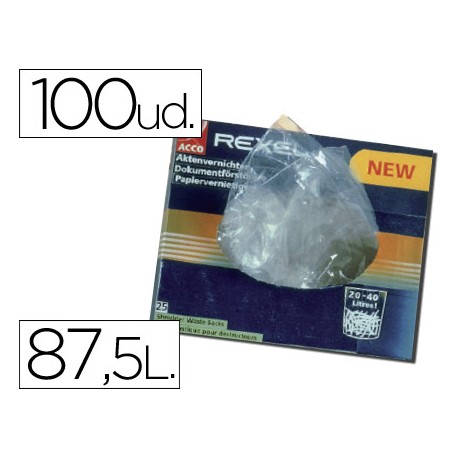 BOLSA DE RESIDUOS REXEL PARA DESTRUCTORA AS100 100 UNIDADES CAPACIDAD 87,5 LITROS