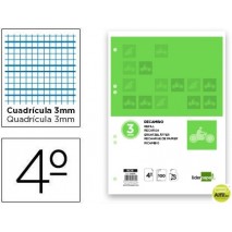 RECAMBIO LIDERPAPEL CUARTO 100 HOJAS 70G/M2 CUADRO PAUTADO 3MM CON MARGEN 6 TALADROS