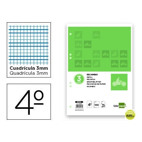 RECAMBIO LIDERPAPEL CUARTO 100 HOJAS 70G/M2 CUADRO PAUTADO 3MM CON MARGEN 6 TALADROS