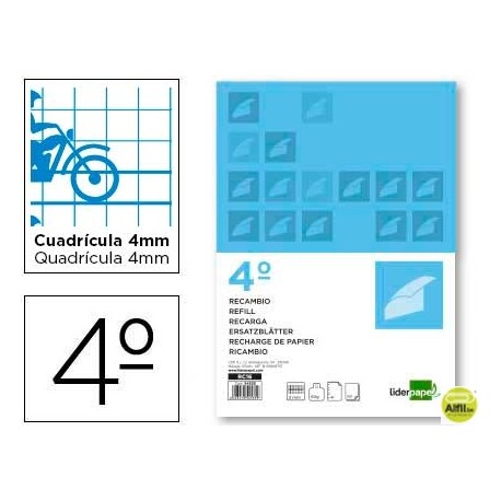RECAMBIO LIDERPAPEL CUARTO 100 HOJAS 70G/M2 CUADRO PAUTADO 4MMCON MARGEN 6 TALADROS