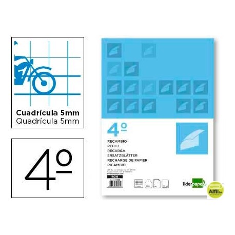 RECAMBIO LIDERPAPEL CUARTO 100 HOJAS 70G/M2 CUADRO PAUTADO 5MM CON MARGEN 6 TALADROS