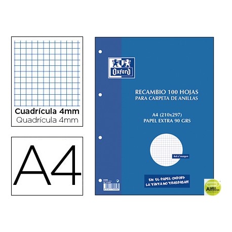 RECAMBIO OXFORD DIN A4 100 HOJAS 90 GR CUADRO 4MM 4 TALADROS