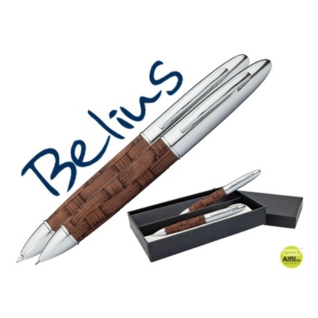 JUEGO BELIUS BOLIGRAFO Y PORTAMINAS MALMO CUERPO DE MADERA OSCURA CROMADO EN ESTUCHE