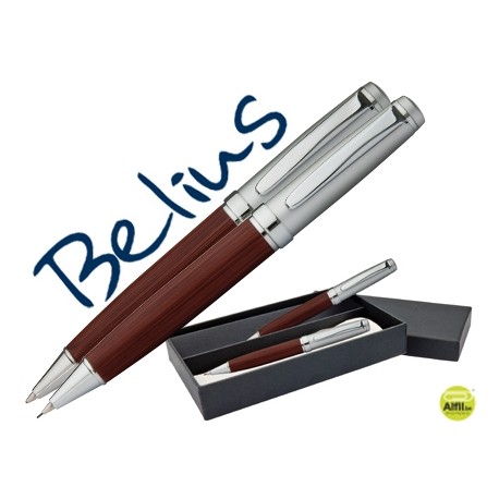 JUEGO BELIUS BOLIGRAFO Y PORTAMINAS SIENA CUERPO DE MADERA OSCURA CON CAPUCHON CROMADO EN ESTUCHE
