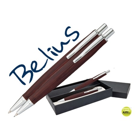 JUEGO BELIUS BOLIGRAFO Y PORTAMINAS MONACO CUERPO DE MADERA OSCURA CON ACABADOS CROMADOS EN ESTUCHE