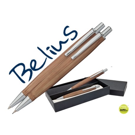JUEGO BELIUS BOLIGRAFO Y PORTAMINAS MONACO CUERPO DE MADERA CLARA CON ACABADOS CROMADOS EN ESTUCHE