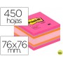 BLOC DE NOTAS ADHESIVAS QUITA Y PON POST-IT 76X76 MM GAMA ALEGRIA CUBO DE 450 HOJAS
