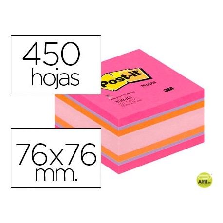 BLOC DE NOTAS ADHESIVAS QUITA Y PON POST-IT 76X76 MM GAMA ALEGRIA CUBO DE 450 HOJAS