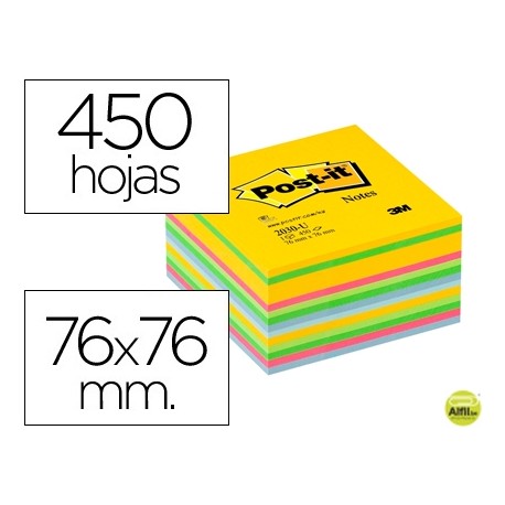BLOC DE NOTAS ADHESIVAS QUITA Y PON POST-IT 76X76 MM GAMA ULTRA ALEGRIA CUBO DE 450 HOJAS